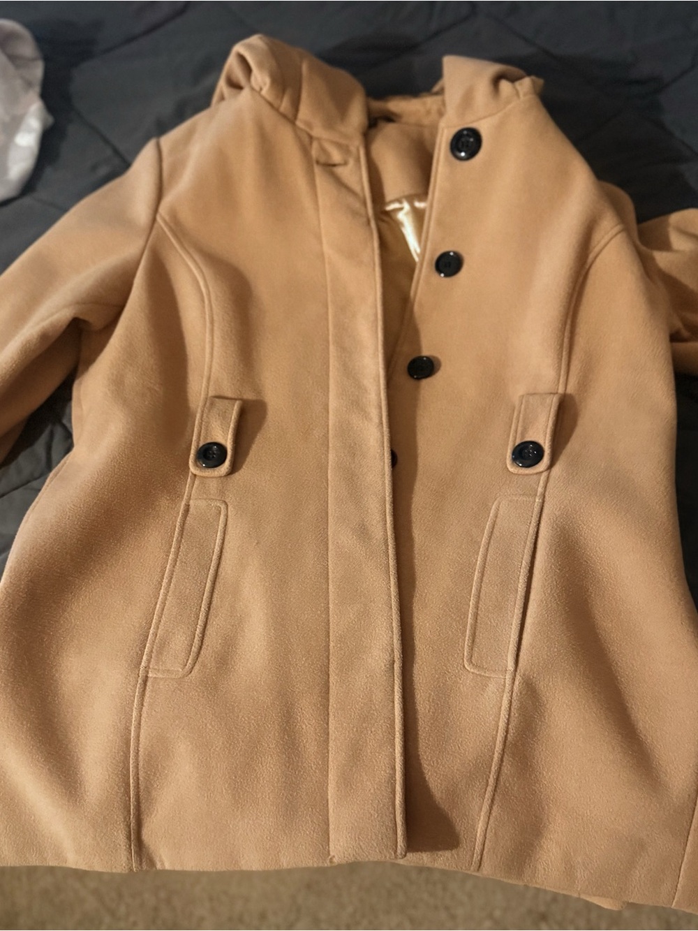 George Camel Hooded Coat with Black Buttons